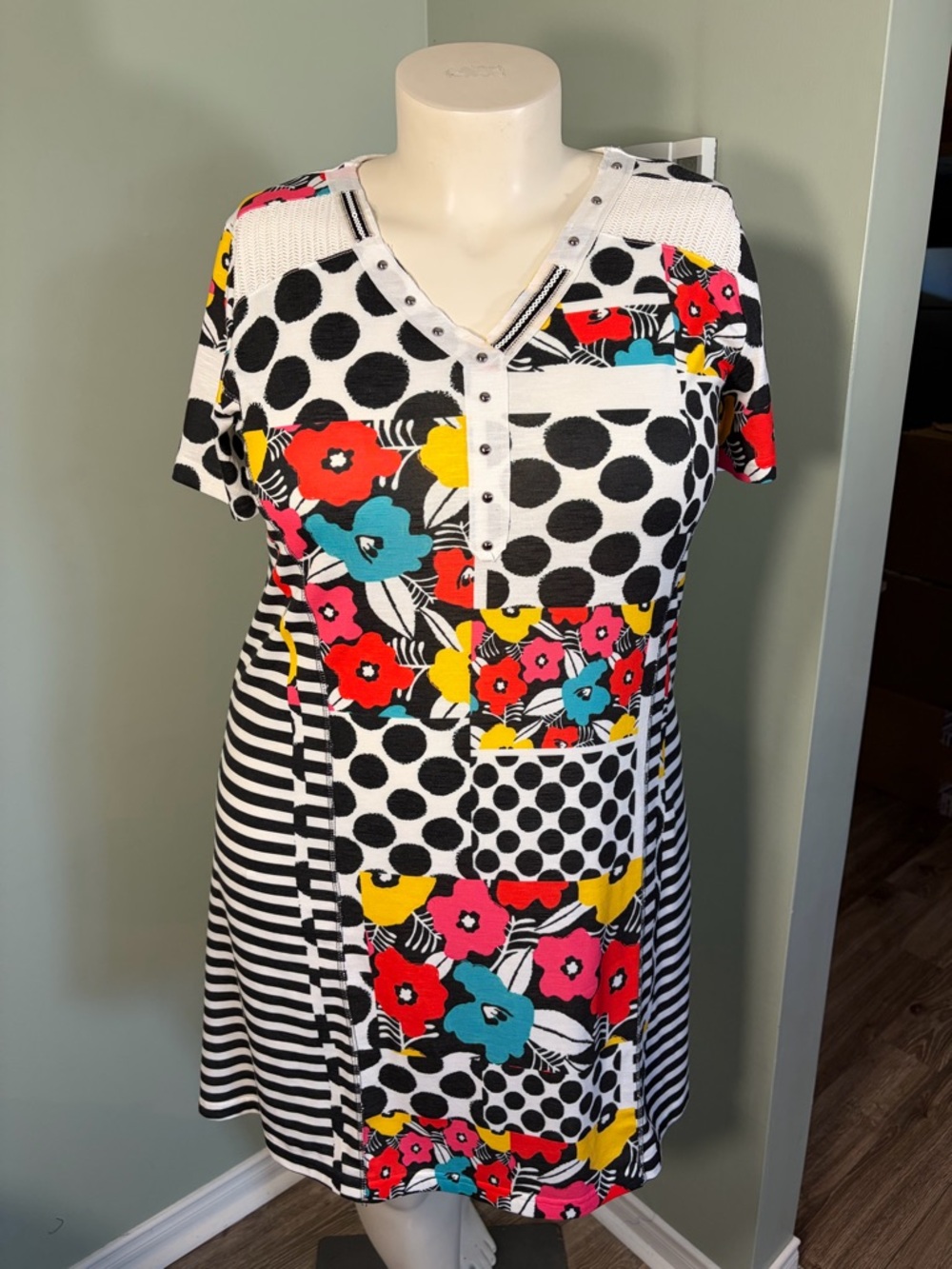 124. Coco Y Club Black & White Polka Stripe Floral Patch Tunic Dress
